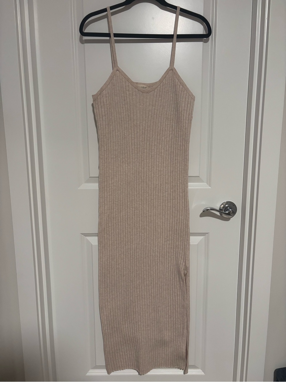 Universal Thread Beige Ribbed Spaghetti-Strap Fitted Midi Dress XL Side Slit